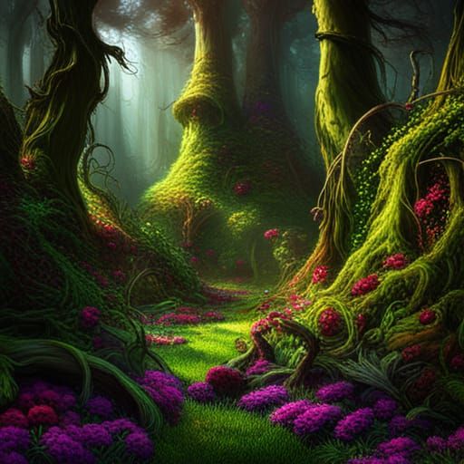 Gothic Forest and Eerie Flower Meadow in Dark Fantasy Style