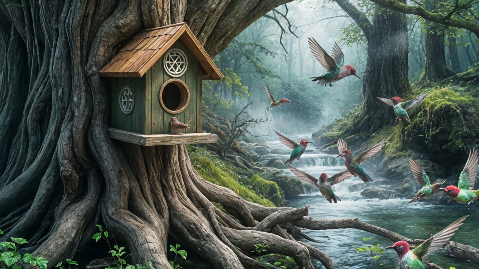 Celtic Birdhouse by Stream in Carne Griffiths Style