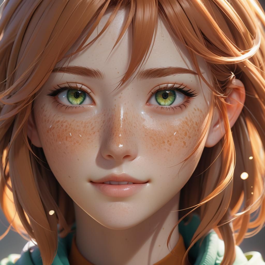 Anime Girl Portrait with Freckles in 3D Style