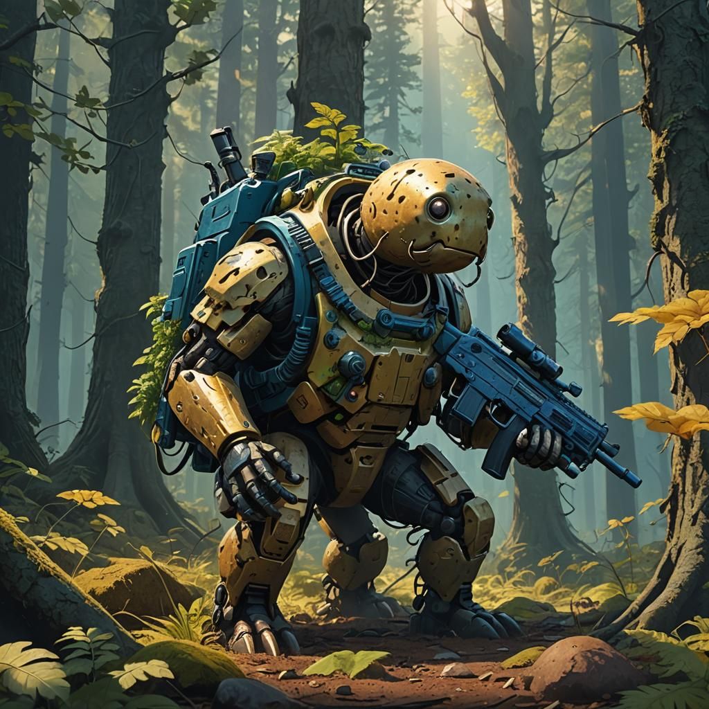 Potato Creature with SMG in Mystical Forest
