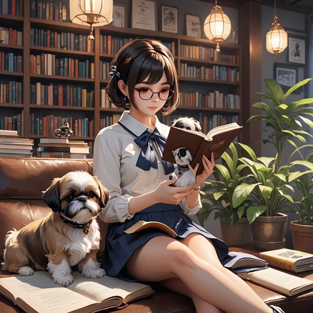 Anime Girl Reading with Shih Tzu: 3D Render