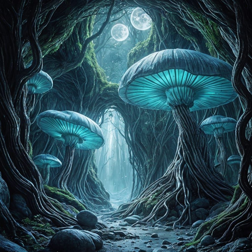 Ethereal Forest Cave with Giant Glowing Mushrooms
