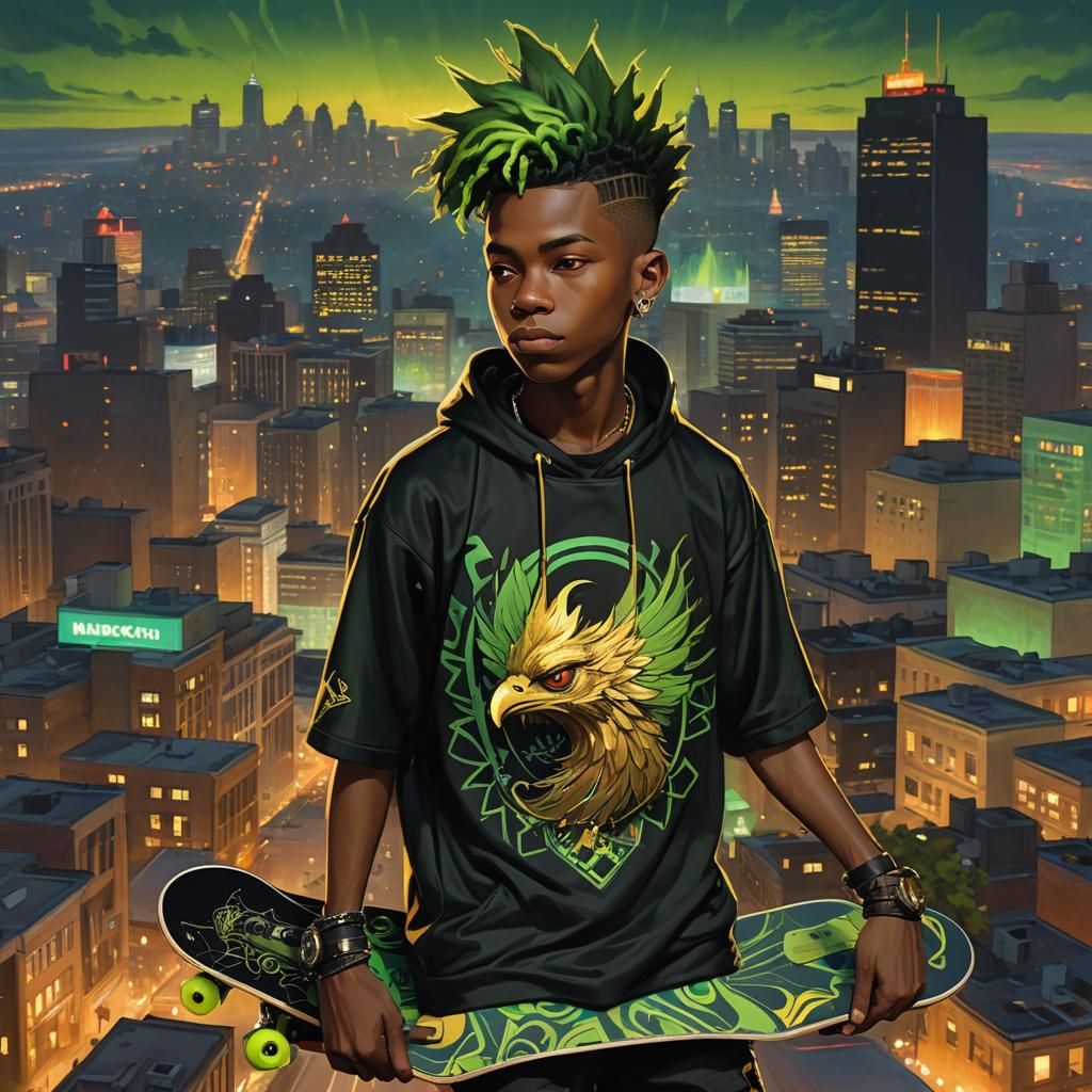 Neon Cityscape Portrait of Skateboarder in Art Nouveau Style