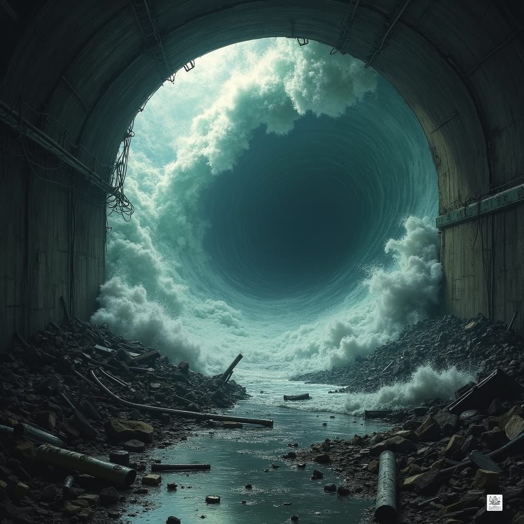 Turbulent Debris Wave in a Dark Sewer Tunnel, in a Gritty Cy...