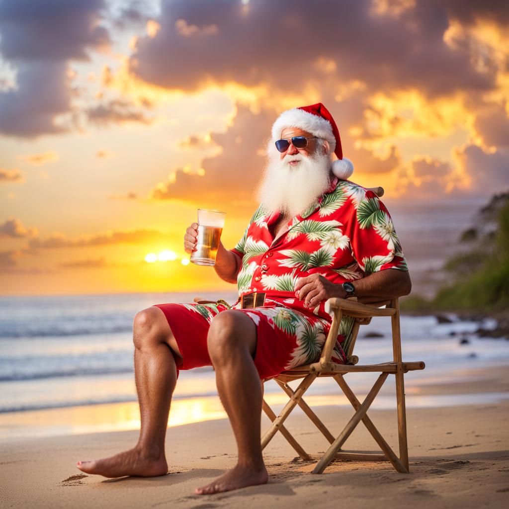 Santa Claus on Tropical Beach at Sunset
