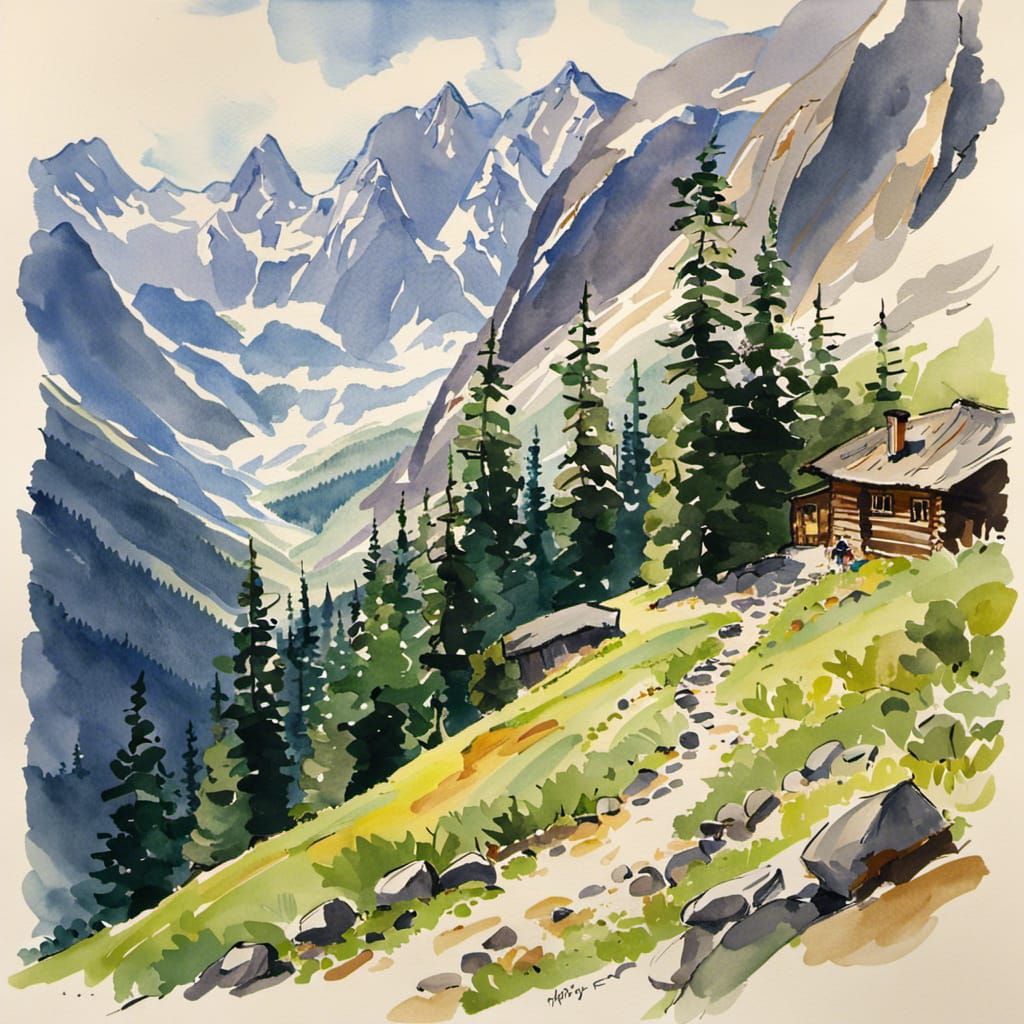 Watercolor Painting of an Alpine Traveler
