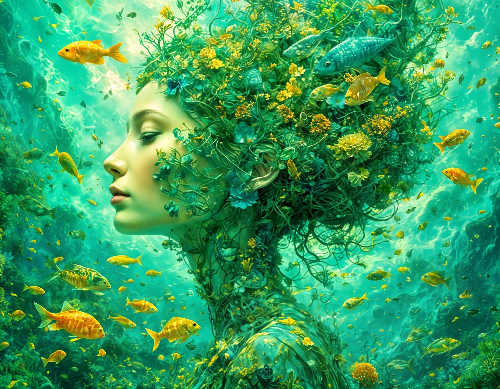 Sea Goddess in Surreal Underwater Landscape