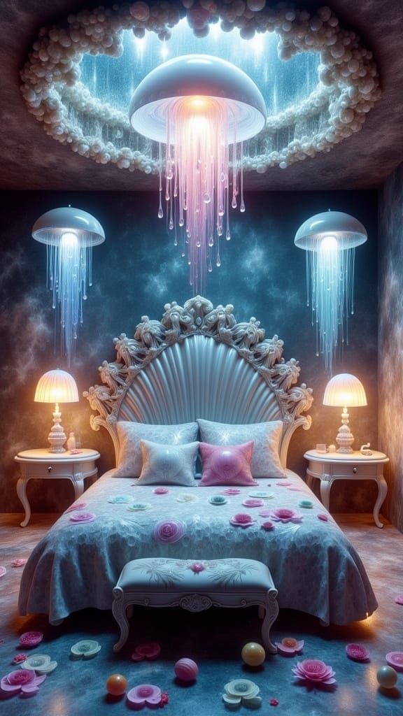<lora:Dreamy Enchantment:1.0> Fantasy bedroom, clam shell be...