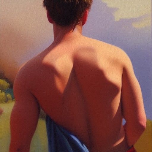 Muscular Teenager on Beach as Oil Painting