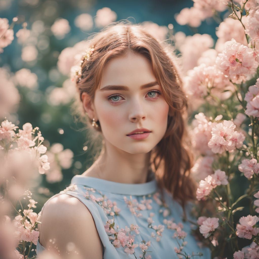 Elegant Woman Poses Amidst Flowers in Pastel Palette
