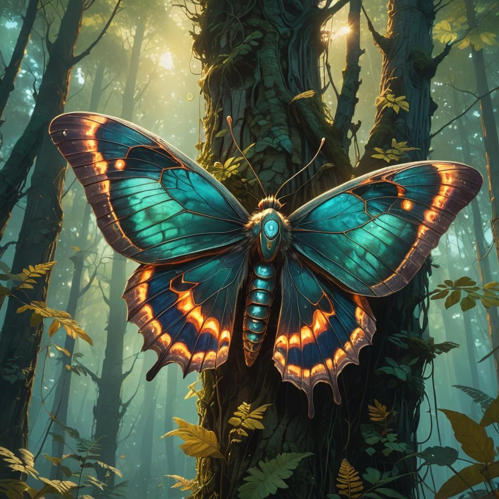 Iridescent Moth on Ancient Totem in Lush Forest