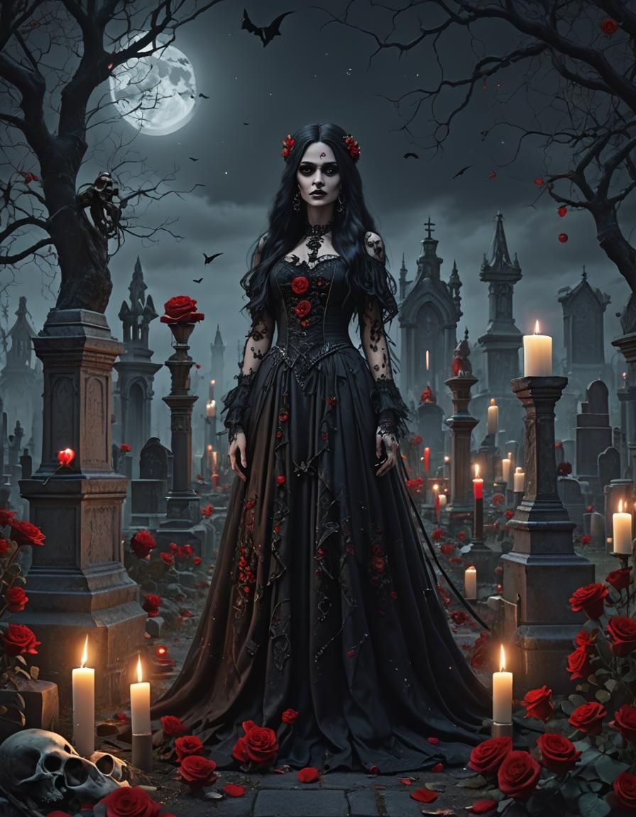 Gothic Dark Fairy in Cemetery at Night