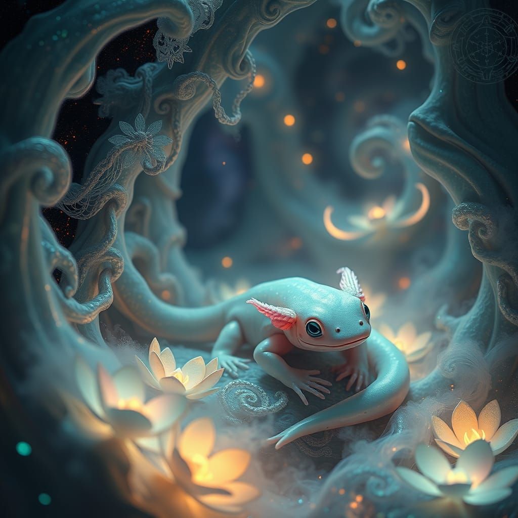 Surreal Axolotl Enchants with Mystical, Luminous Patterns
