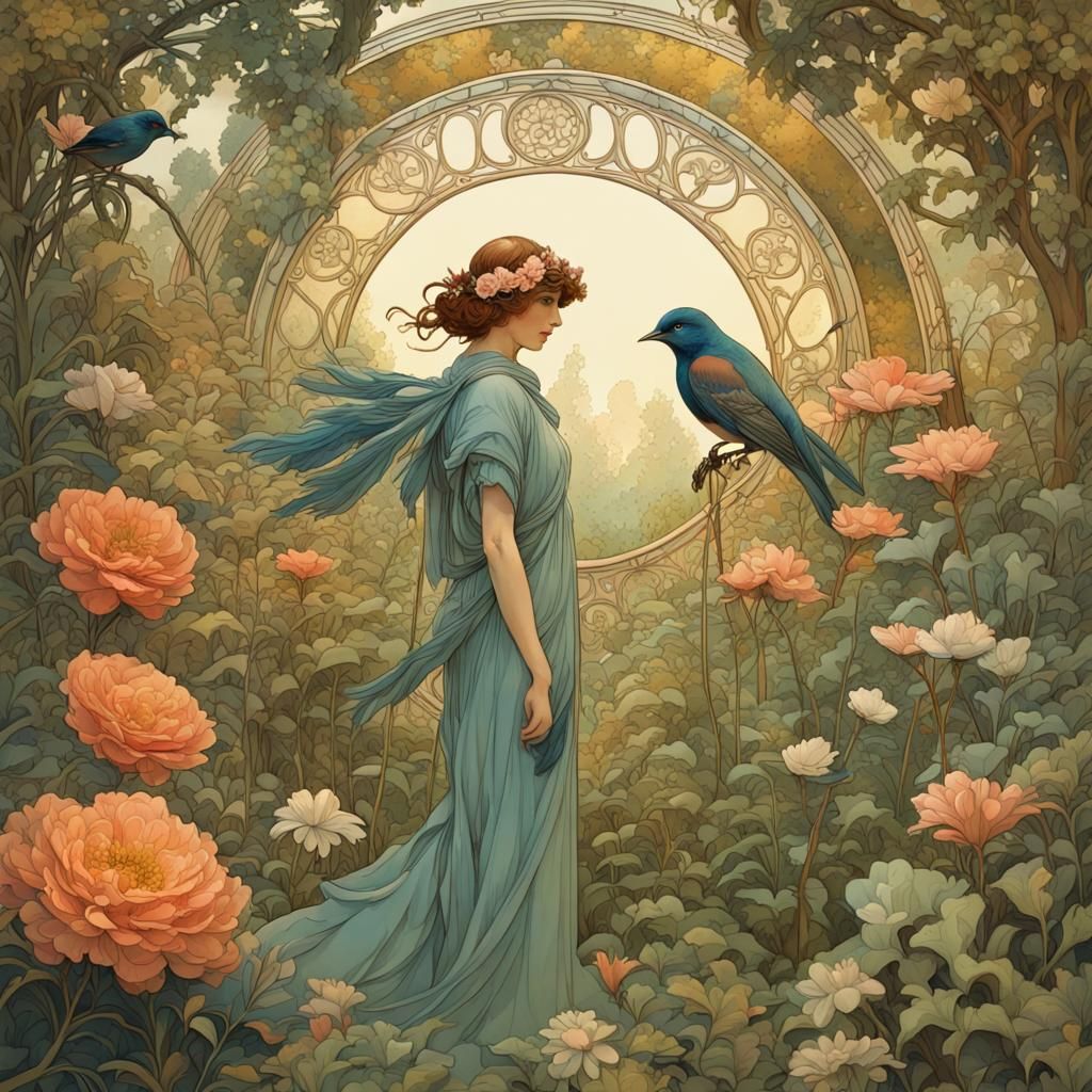 Secret Flower Garden with Bird: Art Deco Matte Painting