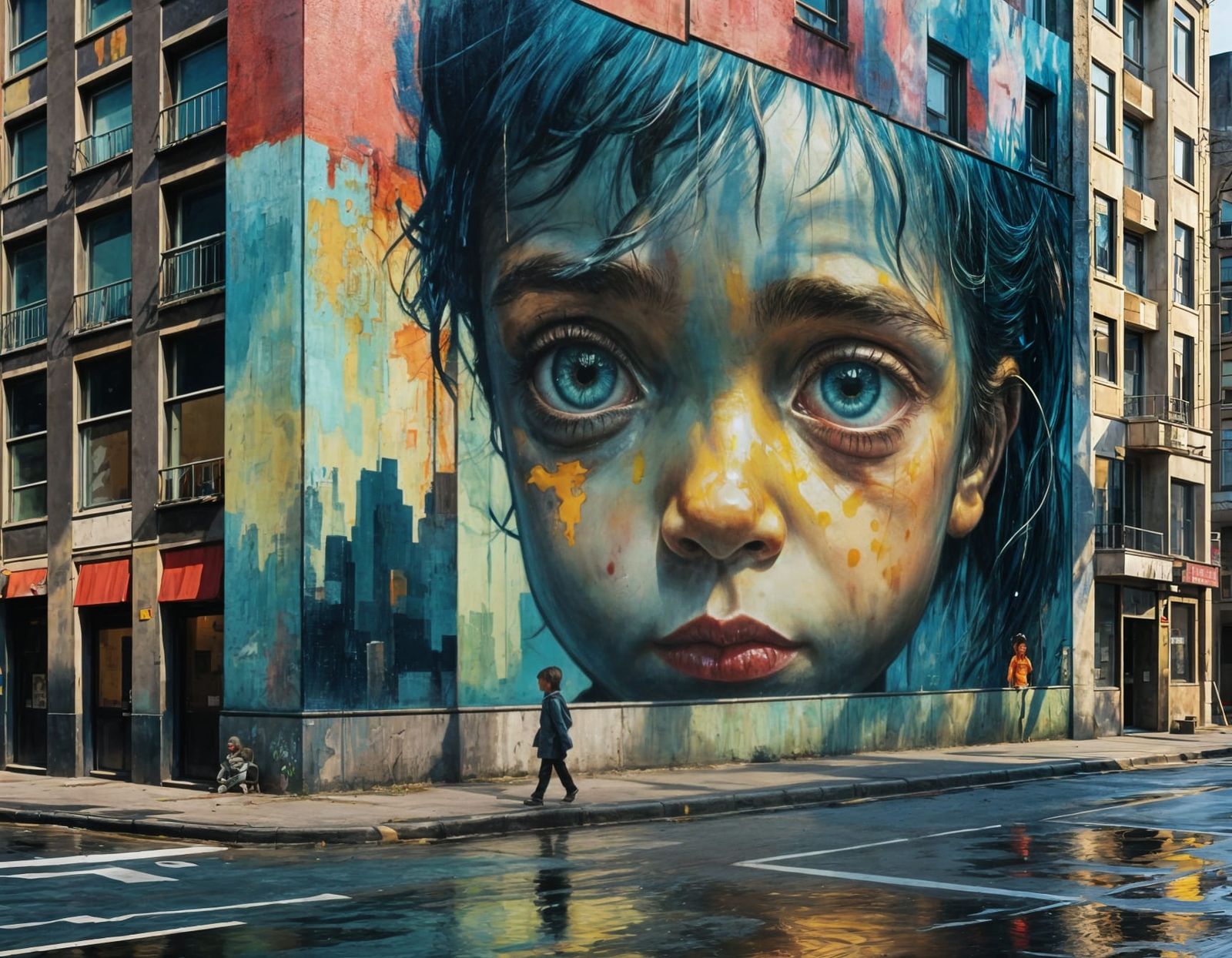 City Building with Sorrowful Child Street Art