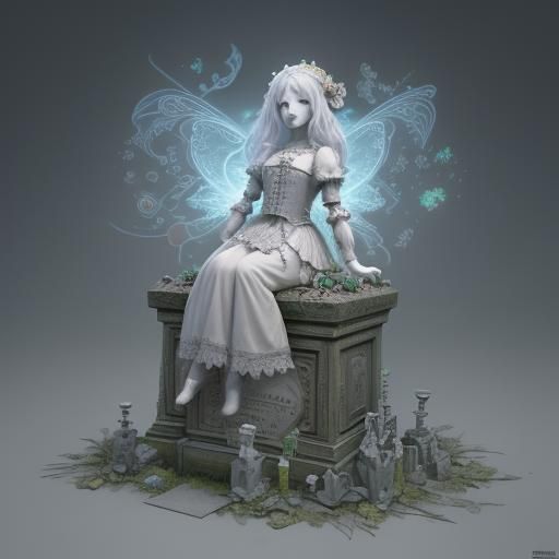 Lonely Victorian Ghost on Gravestone, 3D Digital Art