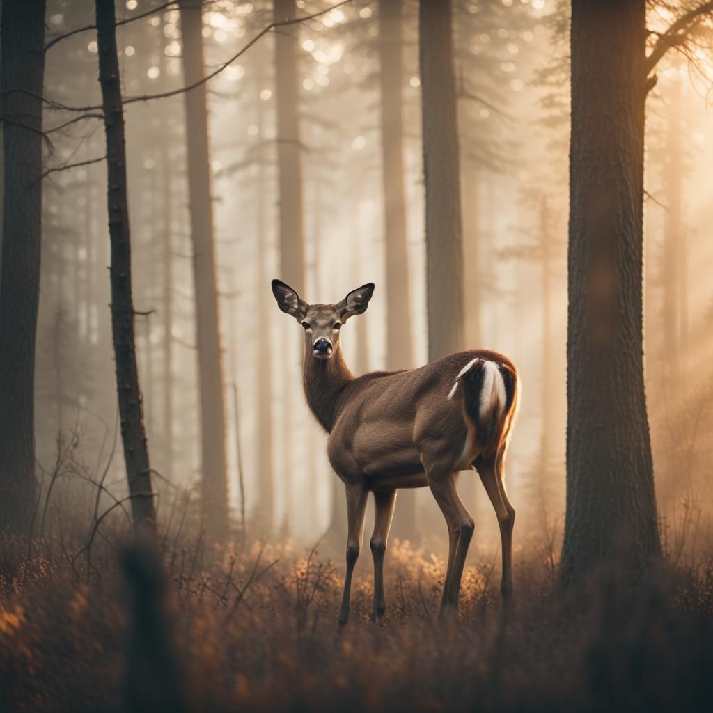 Misty Forest Deer in Cinematic Film Still