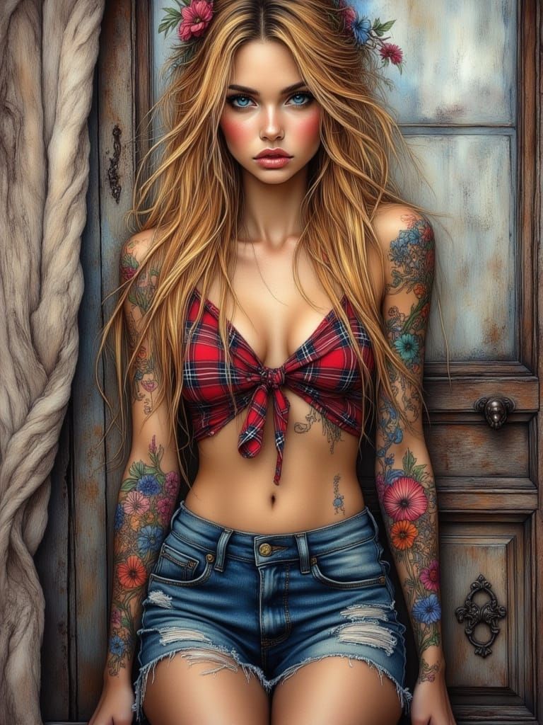 Woman with Flower Tattoos as Oil Painting