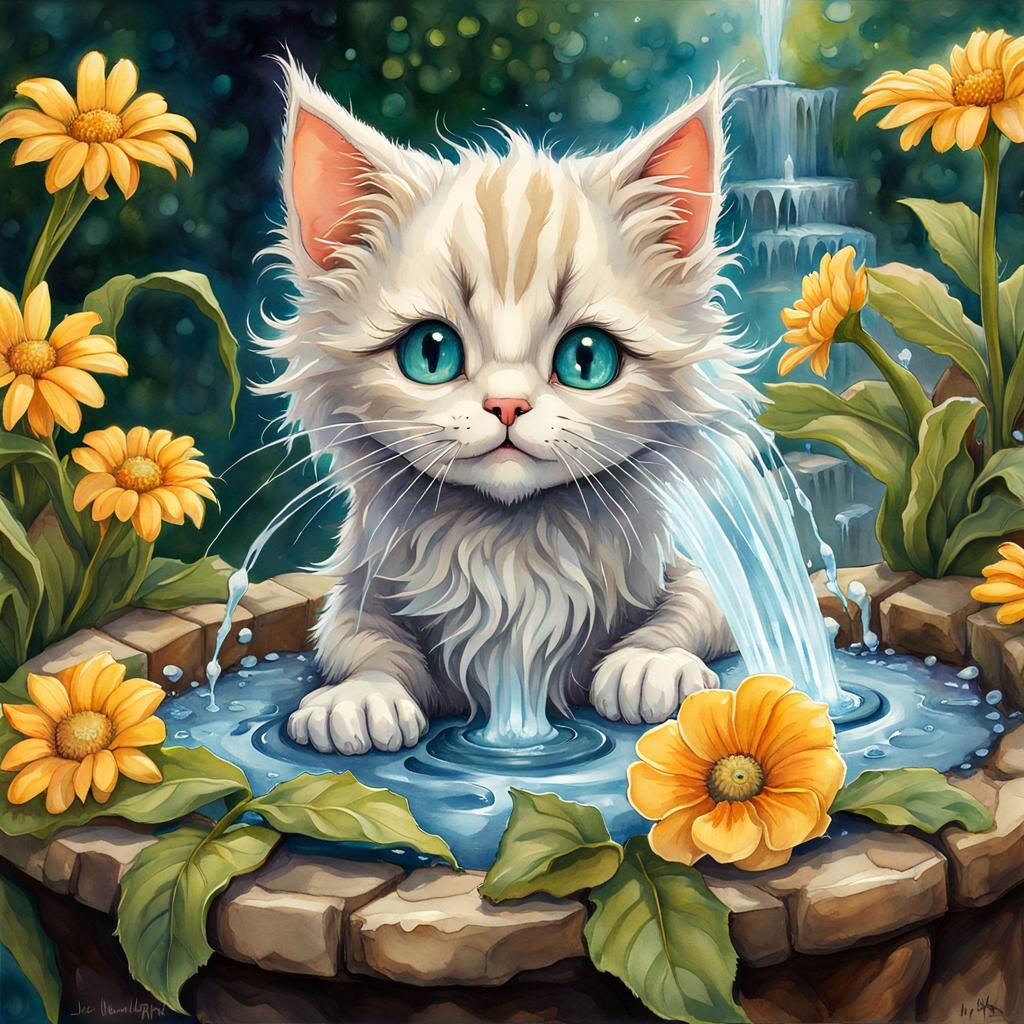 Cute Wet Cat at Water Fountain, Watercolor Art