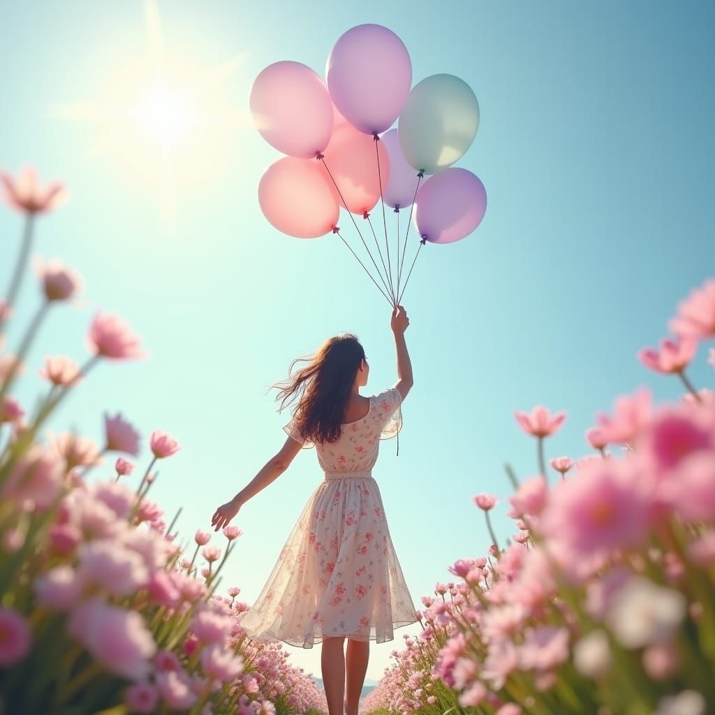 Japanese Woman in Pastel Garden with Balloons