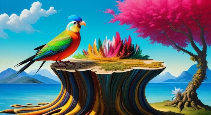 Surreal Bird on Stump in Dreamlike Digital Art
