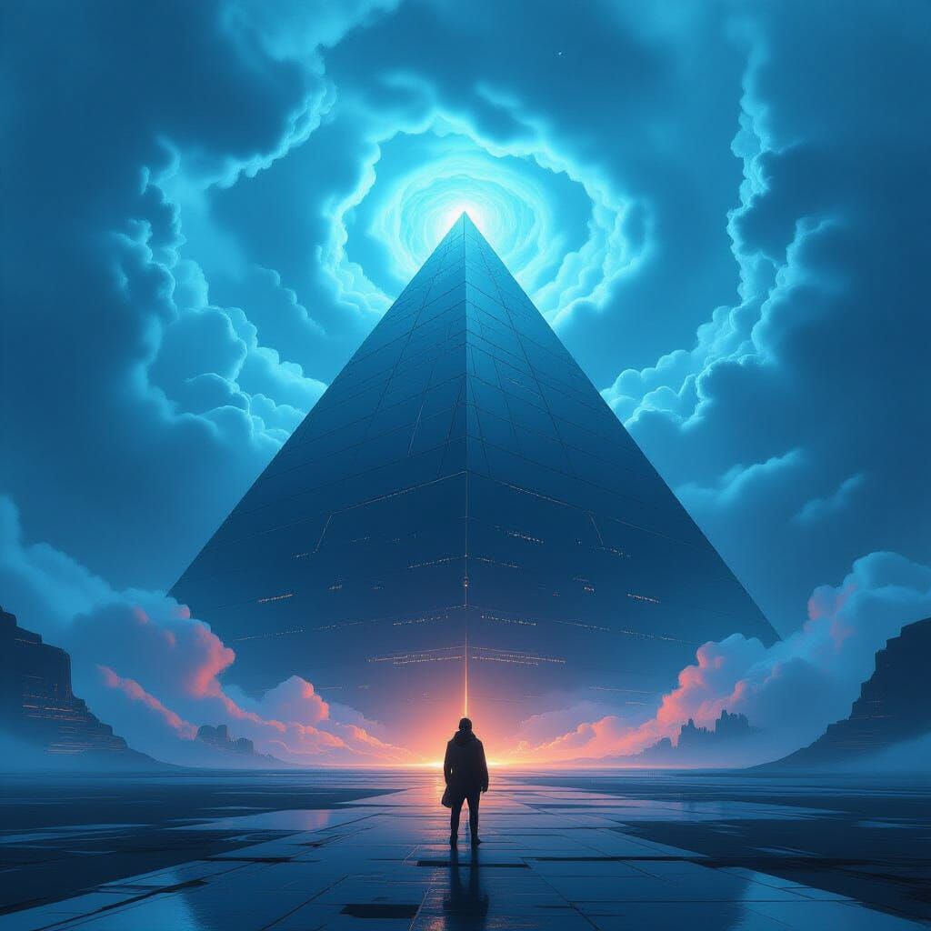 Explorer and Colossal Chrome Pyramid in Biomechanical Style