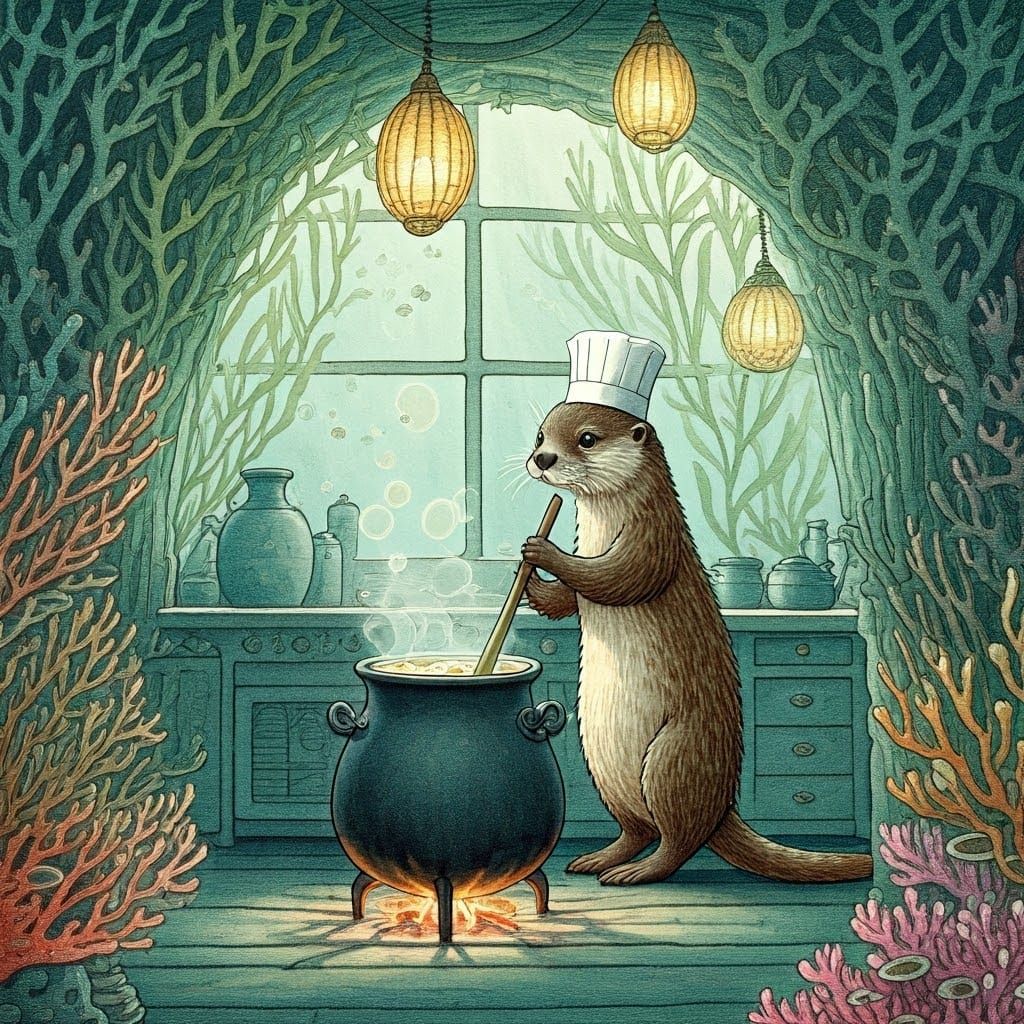 Otter Chef Prepares Kelp Soup in Watercolor Kitchen