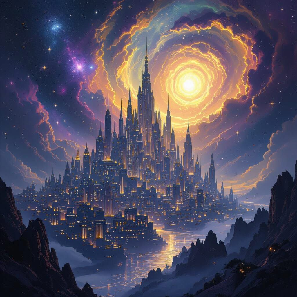 Cosmic Cityscape in Dark Fantasy Concept Art