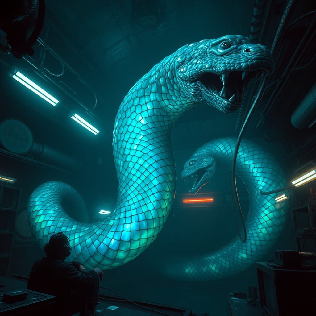 Iridescent Alien Serpent in Abandoned Research Facility