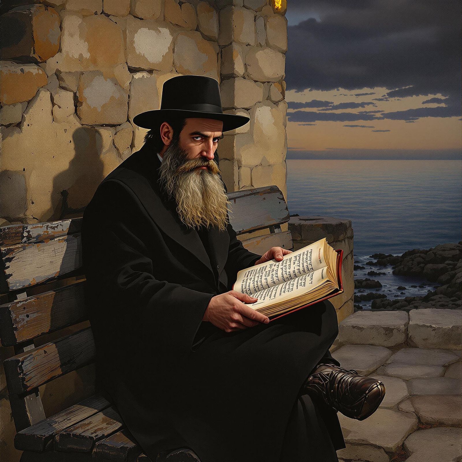 Orthodox Jew Studies Talmud by Sea: Oil Painting