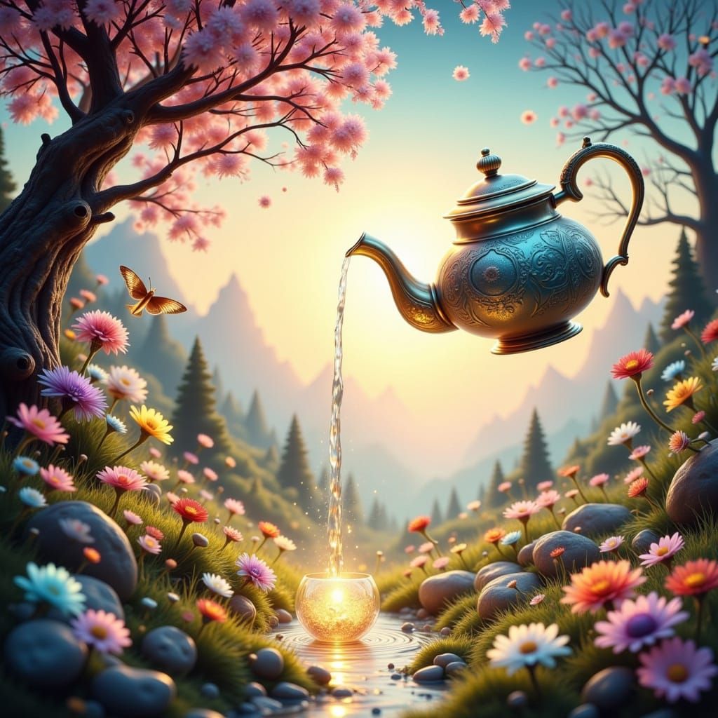 Whimsical Fairy Tale Teapot Pours Shimmering Clouds