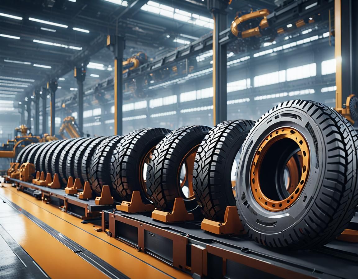 Futuristic Tire Plant with Robotic Arm in Sci-Fi Style
