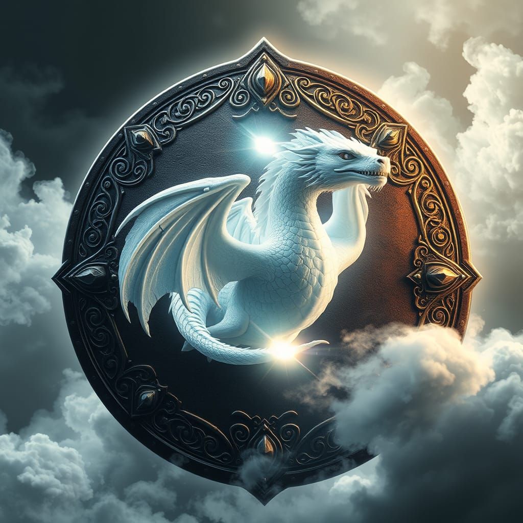 Majestic White Dragon Emerges from Radiant Shield in Dreamli...
