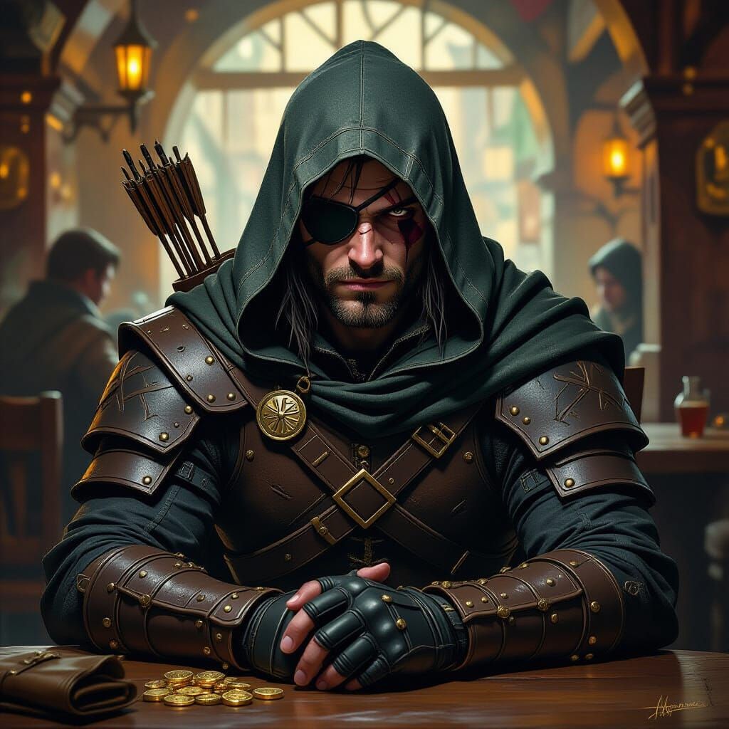 Half-Elf Rogue in Tavern, Dark Fantasy Art