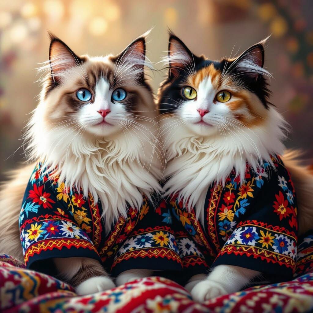 Two Cats in Ukrainian Vyshyvankas, Photorealistic Portrait