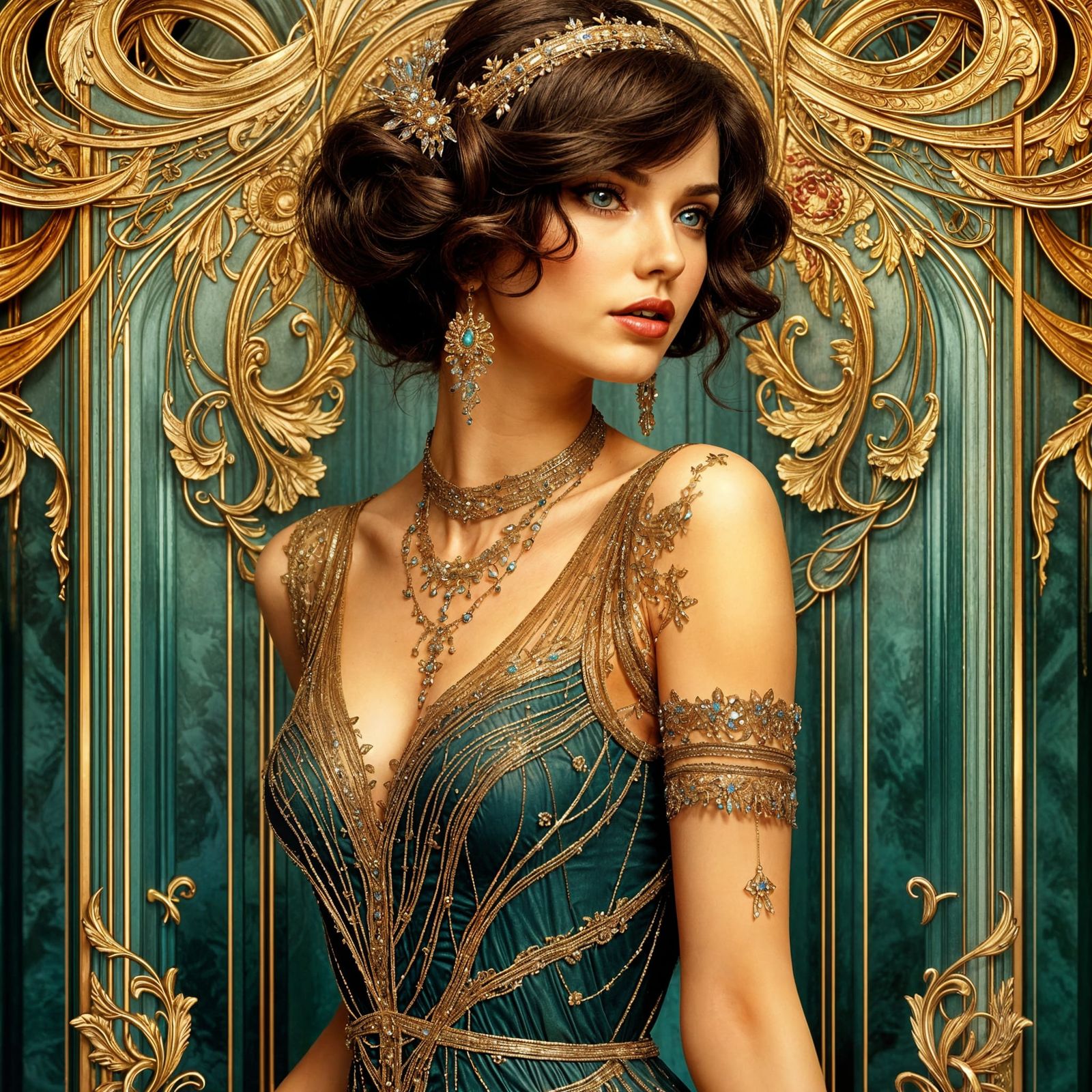 Elegant 1920s Woman in Teal and Gold Flapper Dress