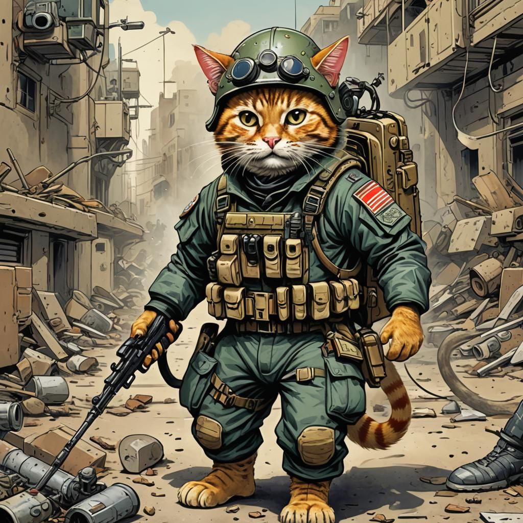 Humorous Cat Exterminator in Comic Book Style