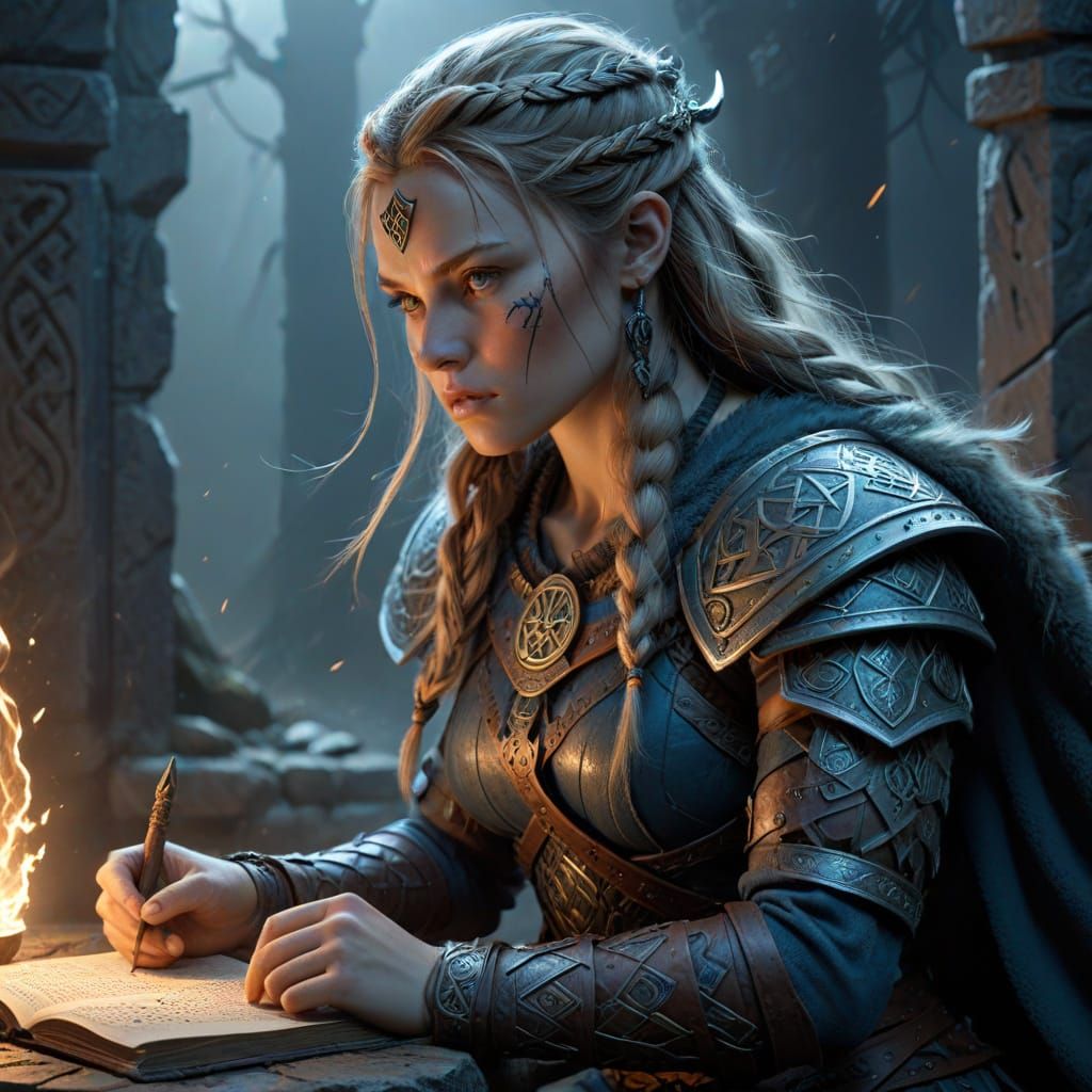 Viking Woman Studying Ancient Runes in Atmospheric Fantasy A...