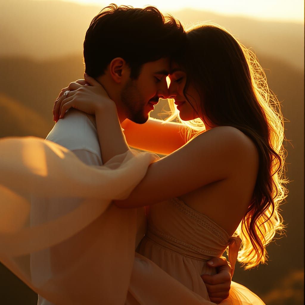 Romantic Couple Embrace in Golden Hour Film Still