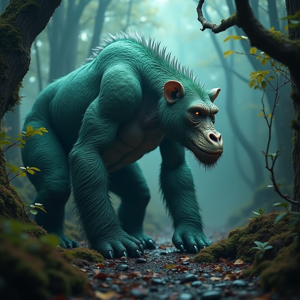 Heroic Hybrid Creature in Lush Tropical Environment