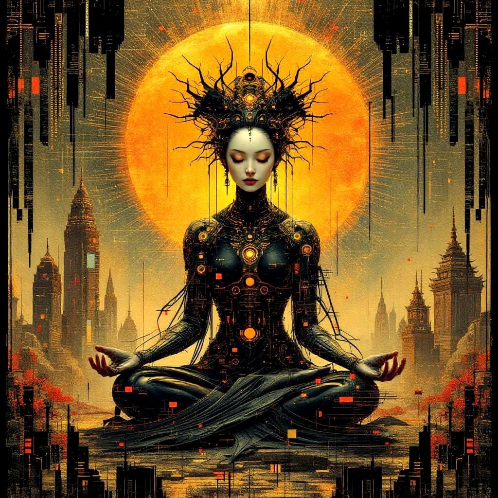 Glitched Cyborg Goddess Meditating in Cyber Metropolis