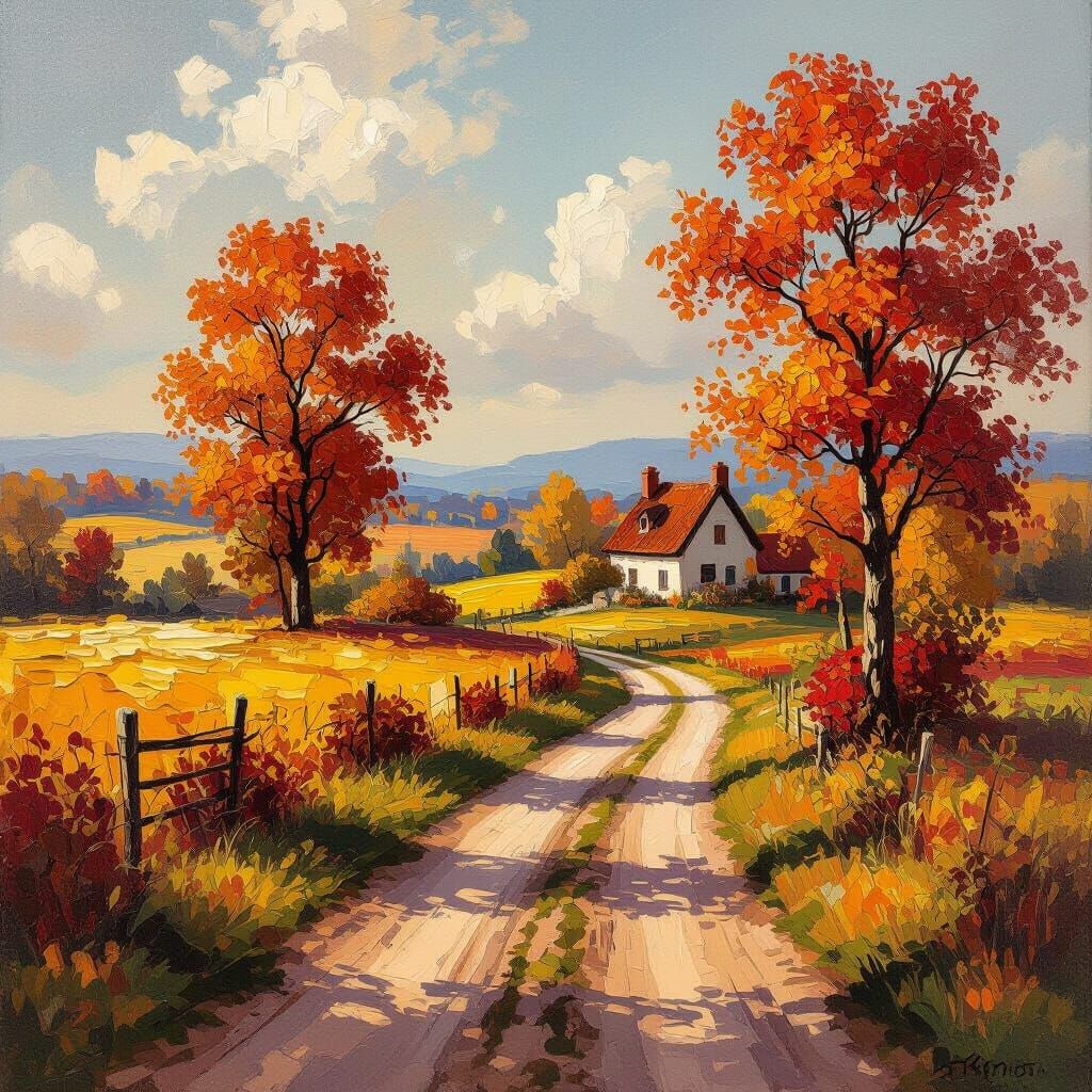 Autumn Countryside Road Leading to House Oil Painting