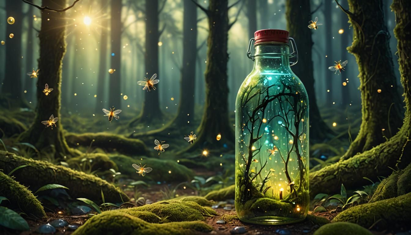 Glowing Forest in a Bottle: Surreal Mixed Media Illustration
