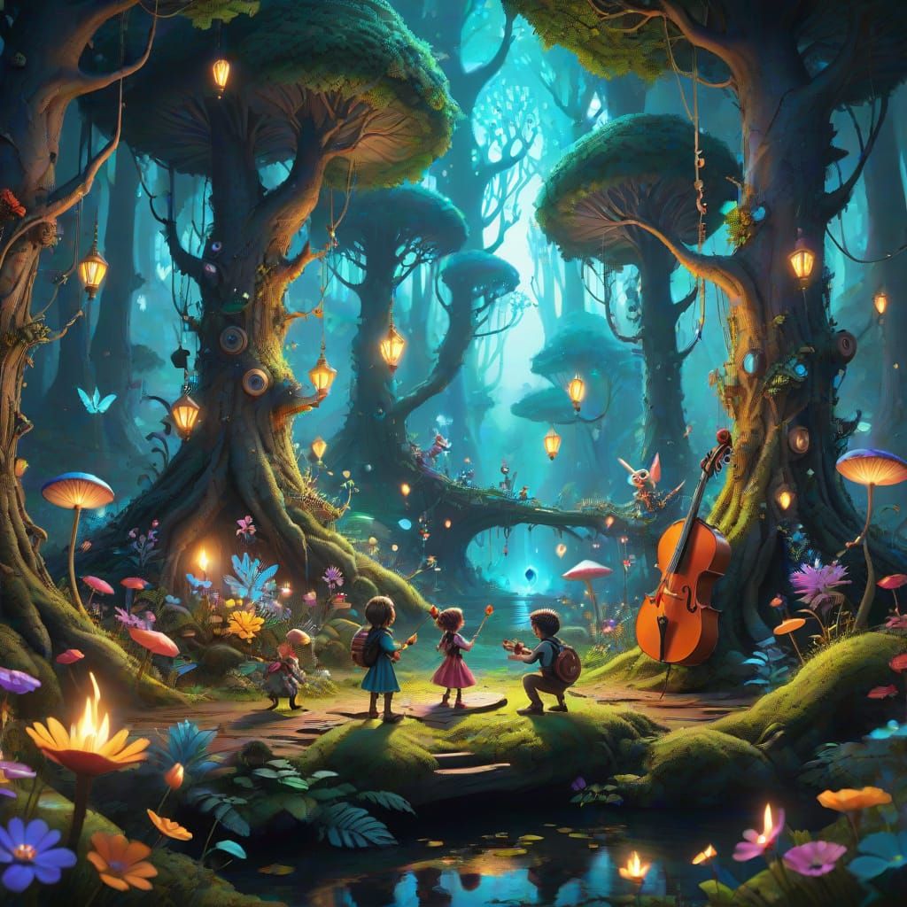 Kids Playing Music in a Magical Forest