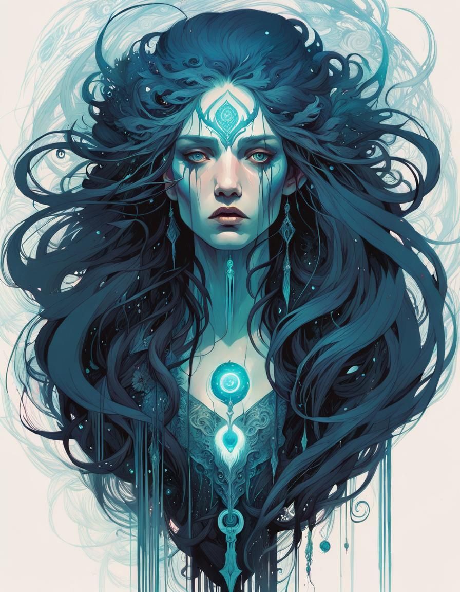 Surreal Necromancer with Blue Runes, Digital Art