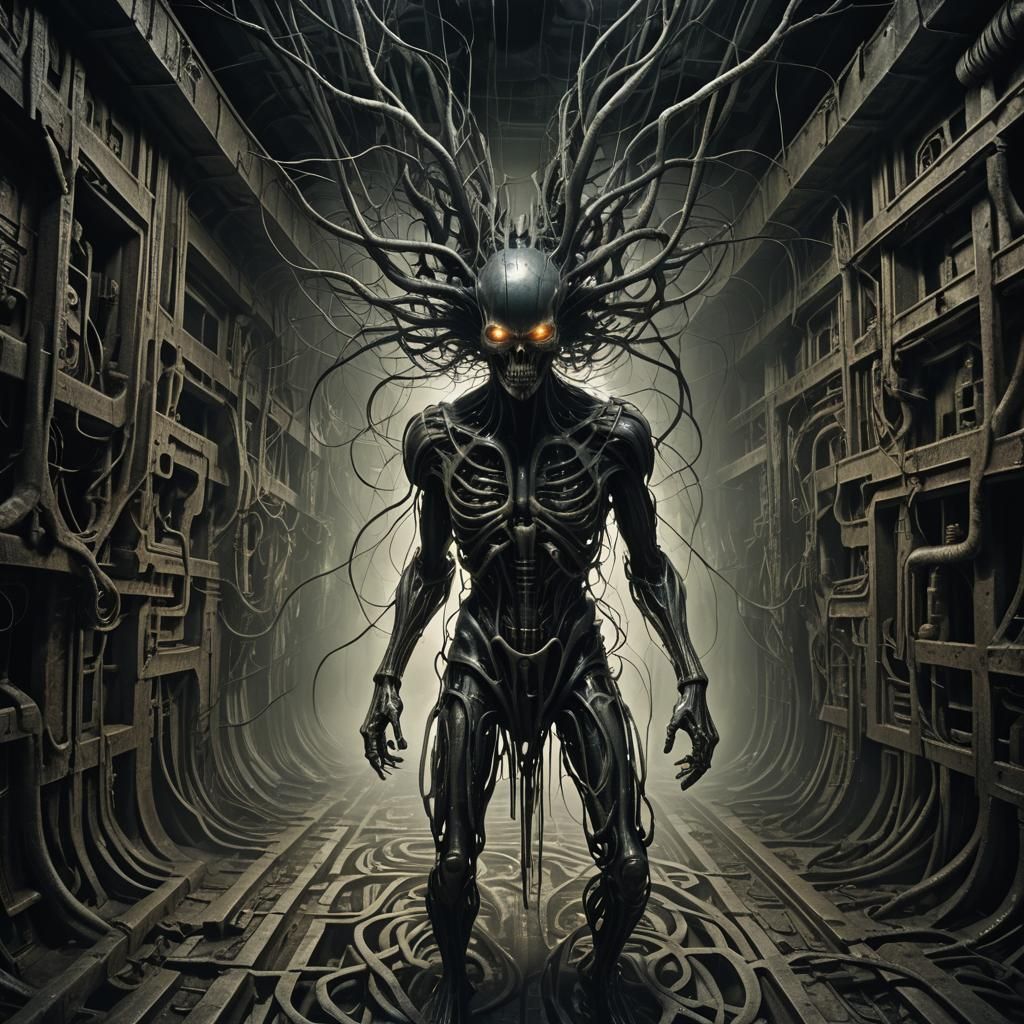 Distorted Figure in Biomechanical Industrial Nightmare