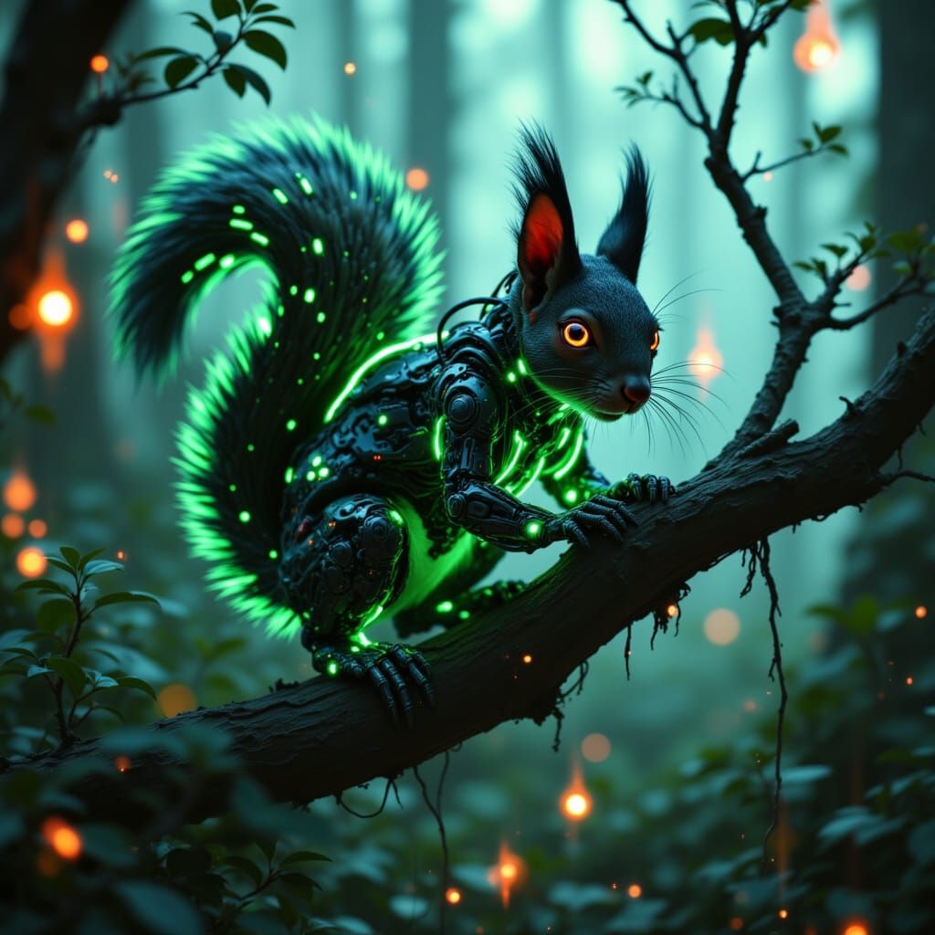 Cybernetic Squirrel in Misty Woodland, Cyberpunk Style