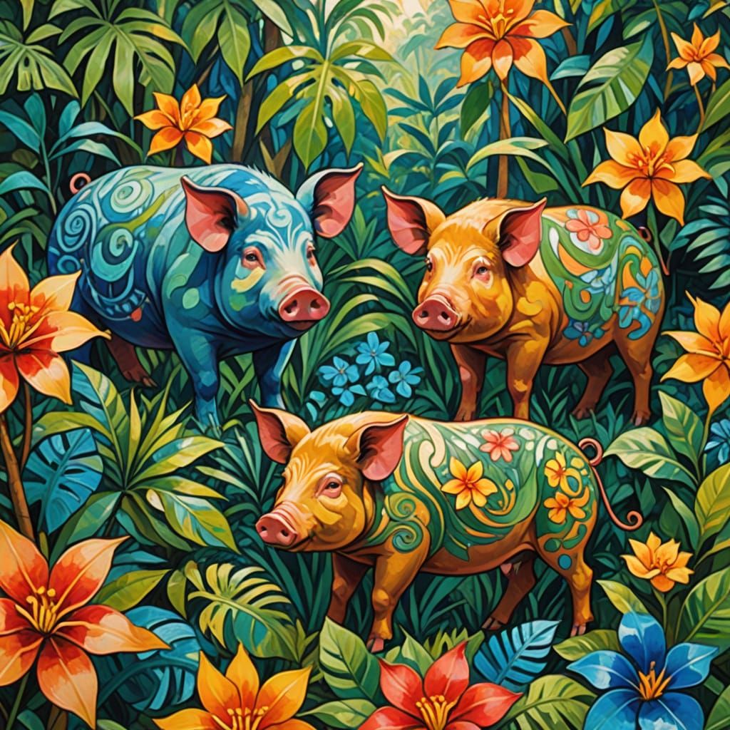 Polynesian Pigs in Jungle: Gauguin-Inspired Kaleidoscope Art