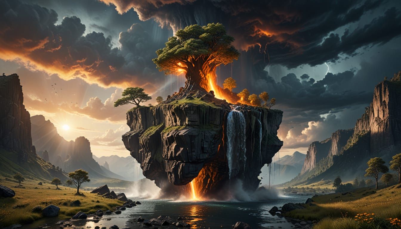 Floating Island in Split Light: Hyper-Realistic Digital Art