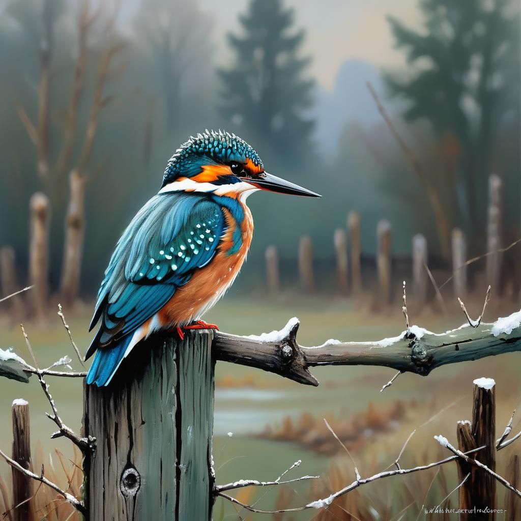 Kingfisher in Winter Wonderland, Hyperrealistic Impasto Acry...